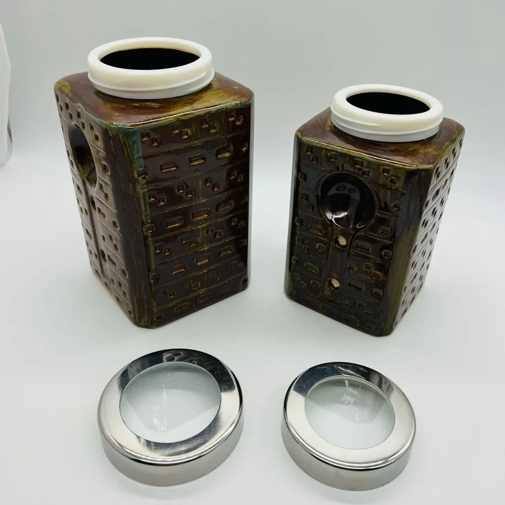 PIER 1 SET OF TWO BROWN GLAZED STONEWARE CANISTERS